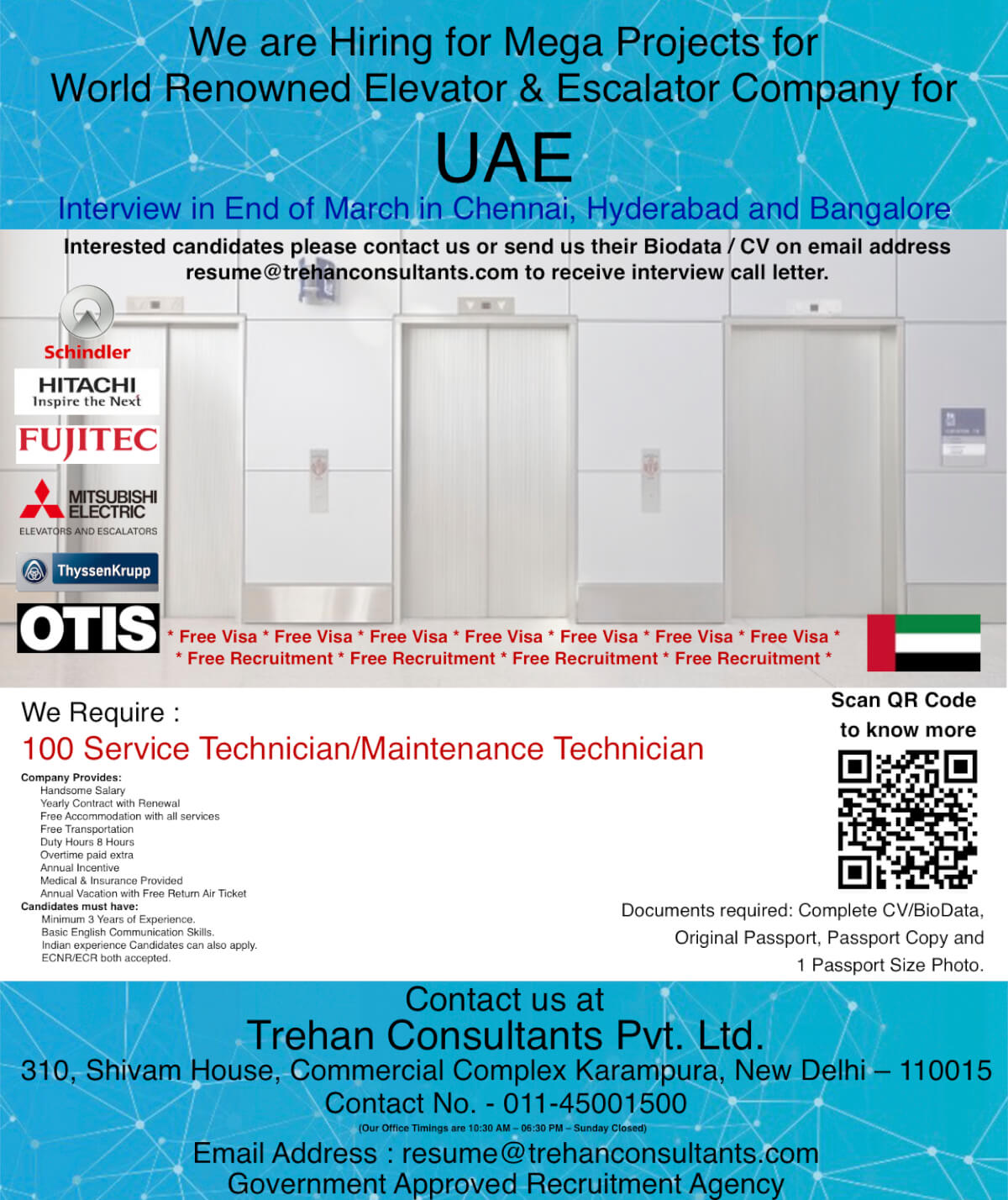 100 Service Technician / Maintenance Technician required for World Renowned Elevator & Escalator Company for Mega Projects in UAE - Interview in End of March in Chennai, Hyderabad and Bangalore