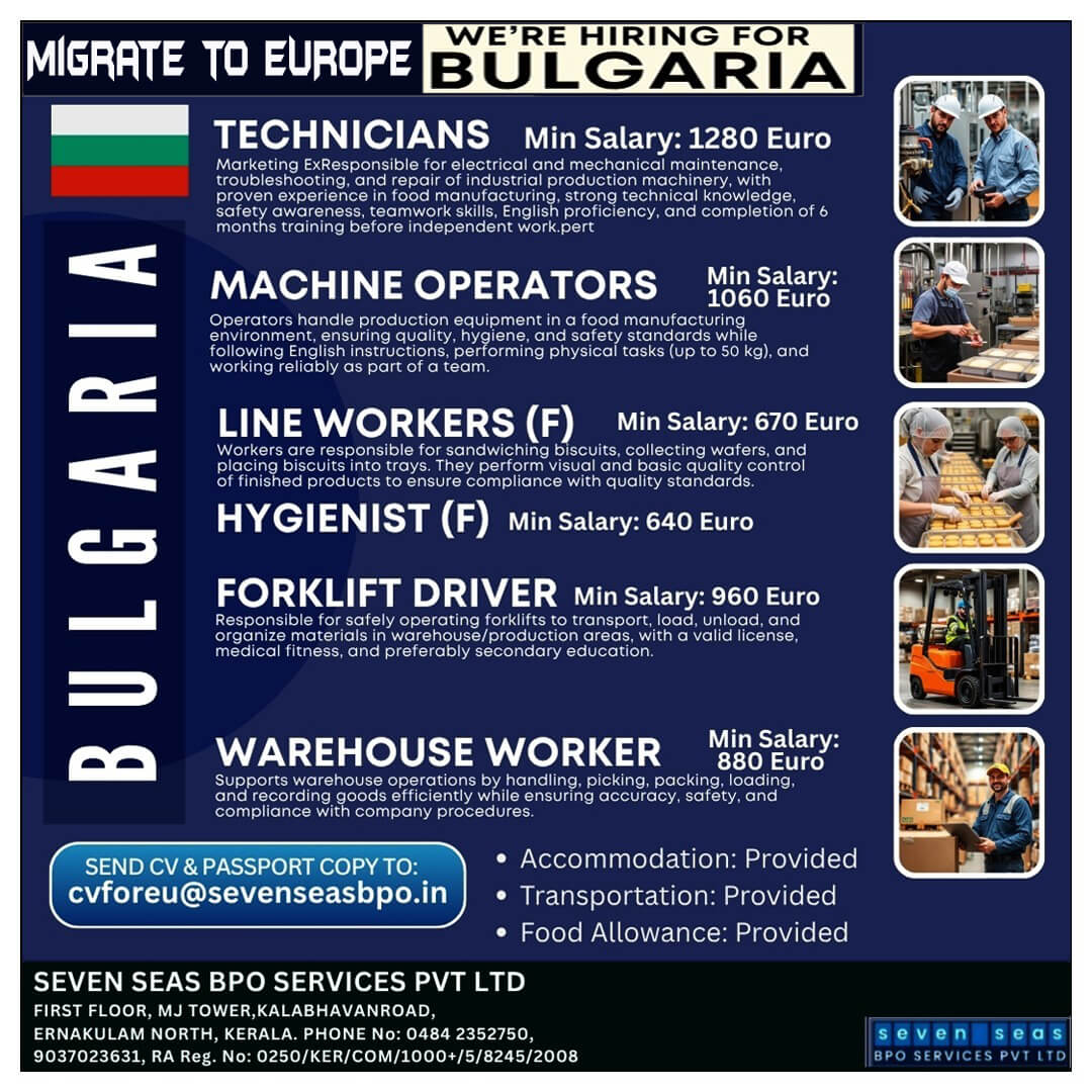 Urgent Vacancies in BULGARIA (Schengen country)
