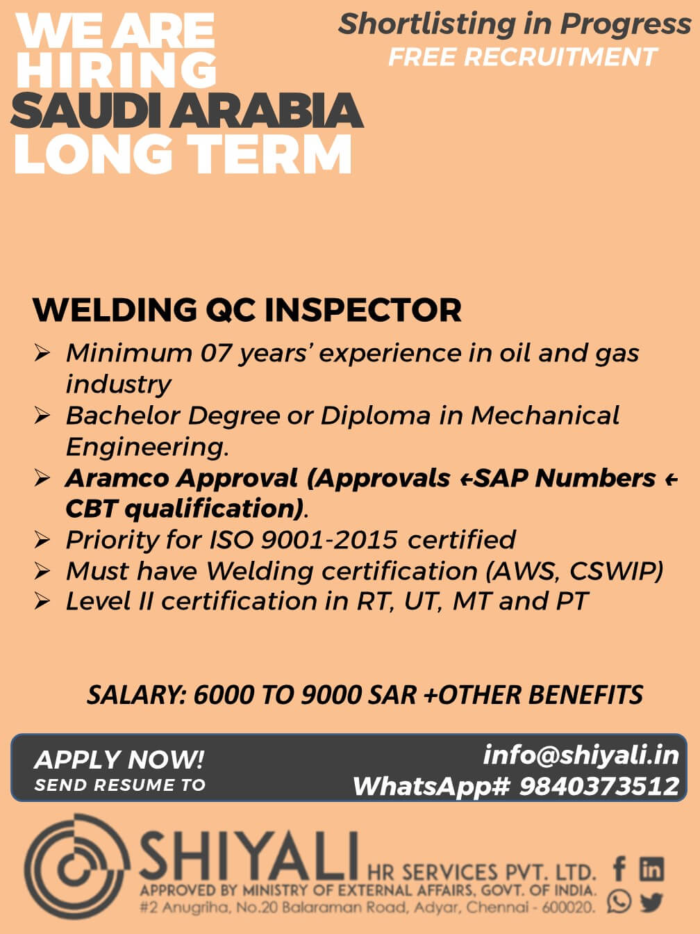 PIPING  / WELDING  / PAINTING & COATING QC INSPECTOR