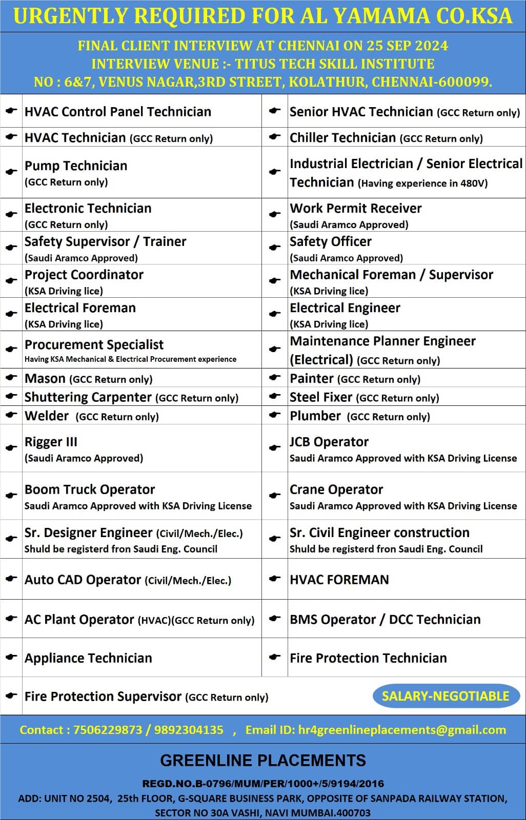 URGENTLY REQUIRED FOR AL YAMAMA CO.KSA