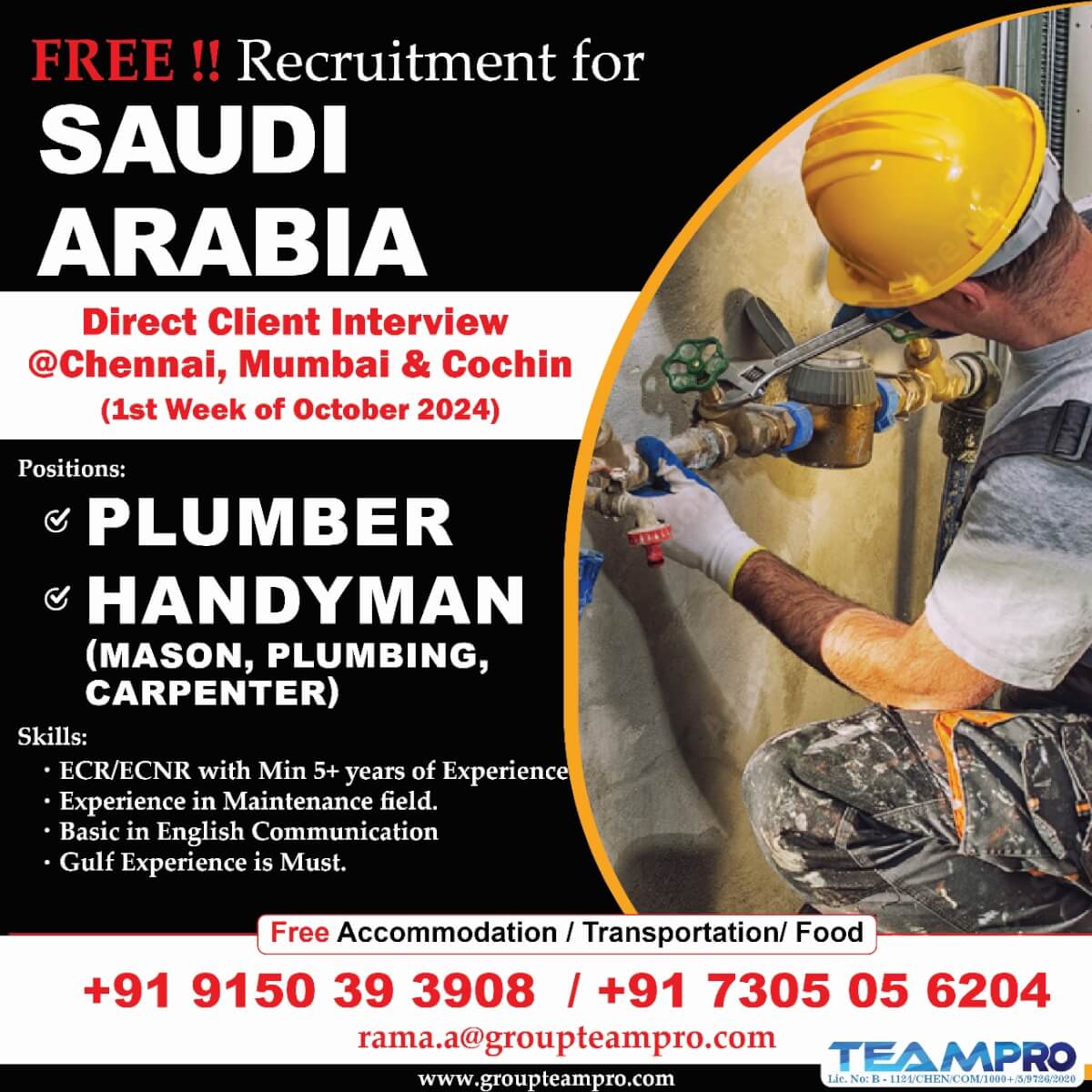 Free Recruitment for Saudi Arabia, Direct Client Interview @ Chennai , Cochin & Mumbai