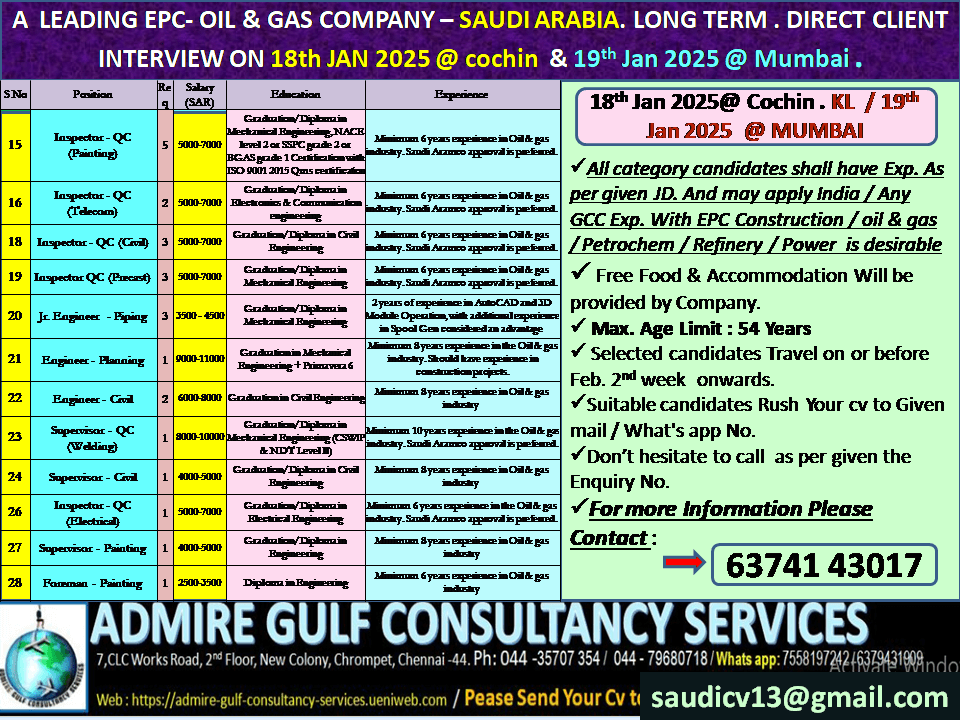 A  LEADING EPC- OIL & GAS COMPANY - SAUDI ARABIA -LONG TERM . DIRECT CLIENT INTERVIEW ON 18th JANUARY 2025 @ COCHIN & 19th JANUARY 2025 @ MUMBAI