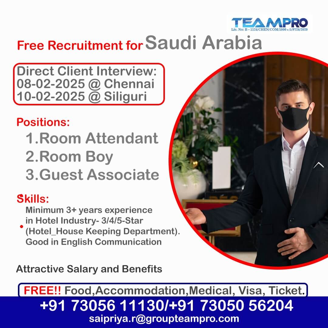 Free Recruitment For Saudi Arabia, Direct Client Interview On 08-02-2025 @ Chennai