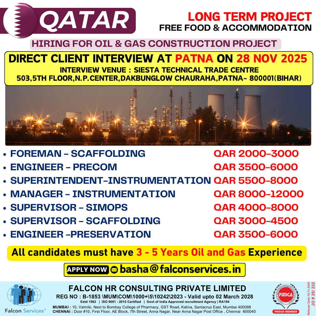 QATAR – LONG TERM PROJECT | Free Food & Accommodation Direct Client Interview in Patna – 28 Nov 2025