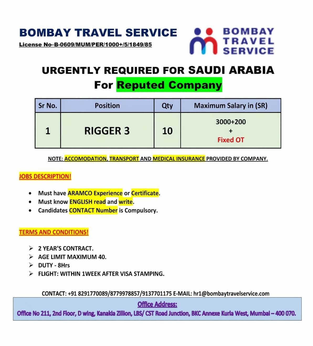 Urgentky required for ksa reputed co.