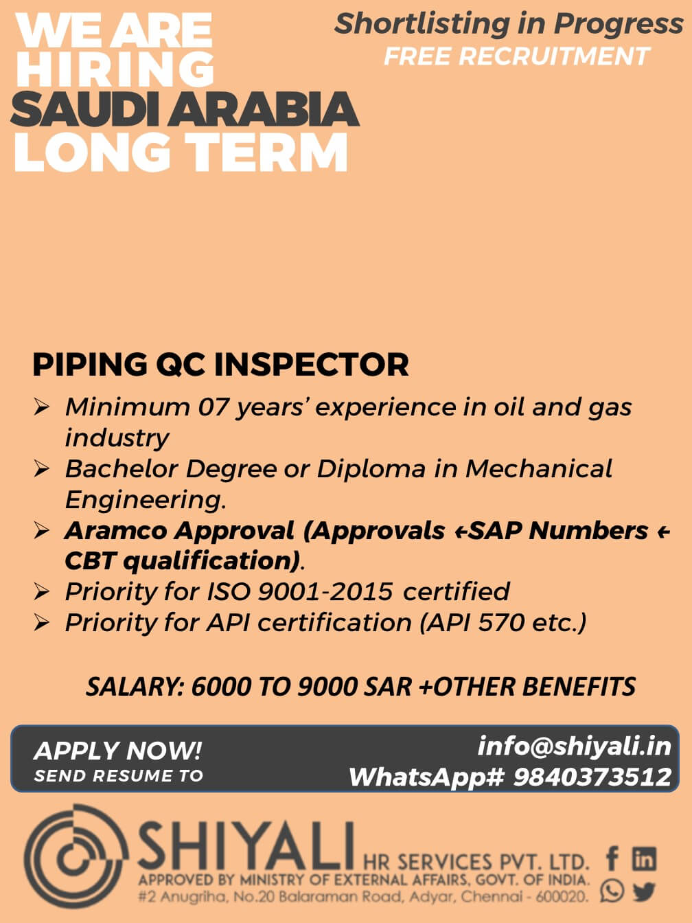 PIPING  / WELDING  / PAINTING & COATING QC INSPECTOR